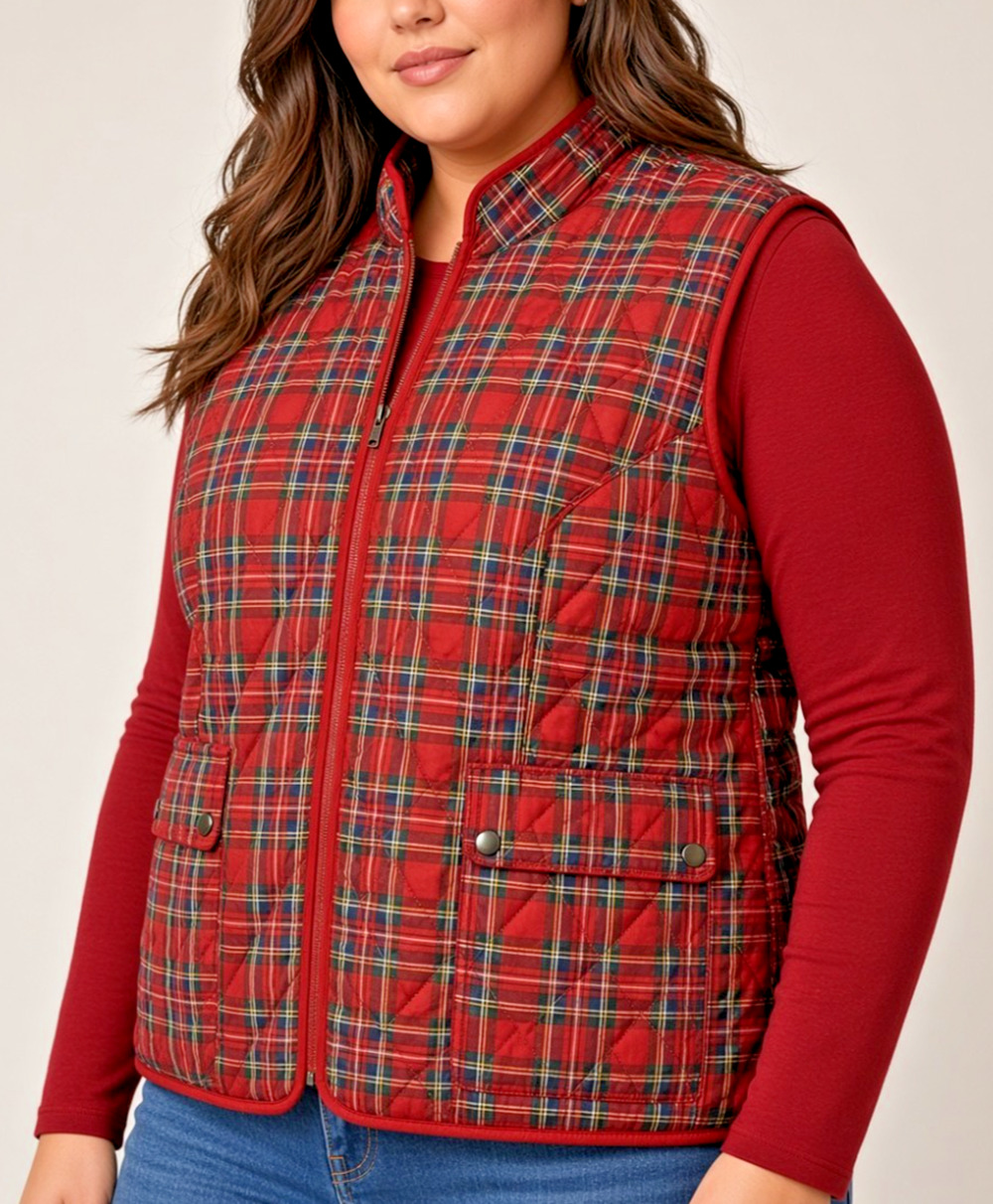 Appleseed's Vest Womens 3X Red Tartan Plaid Quilted Full Zip Pockets Plus Size